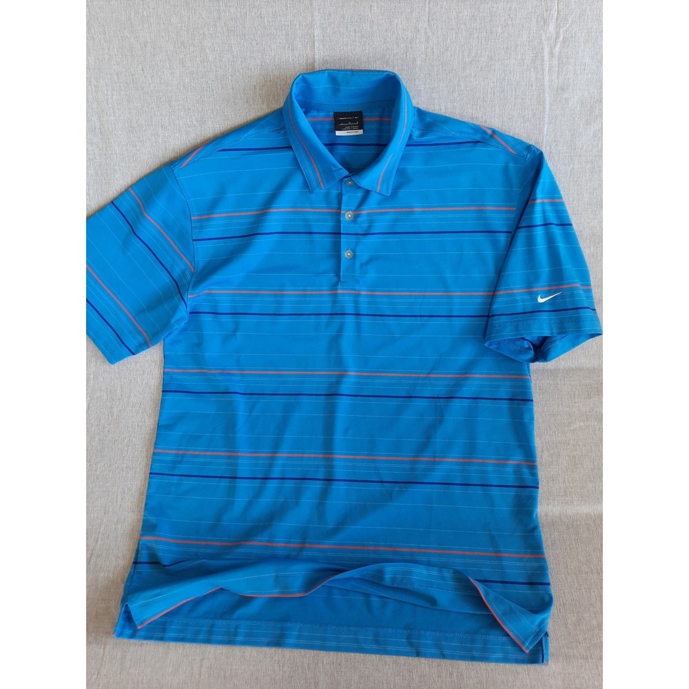 Nike Golf Men Large DriFit  Polo Shirt Performance Active Navy Blue Striped Poly
